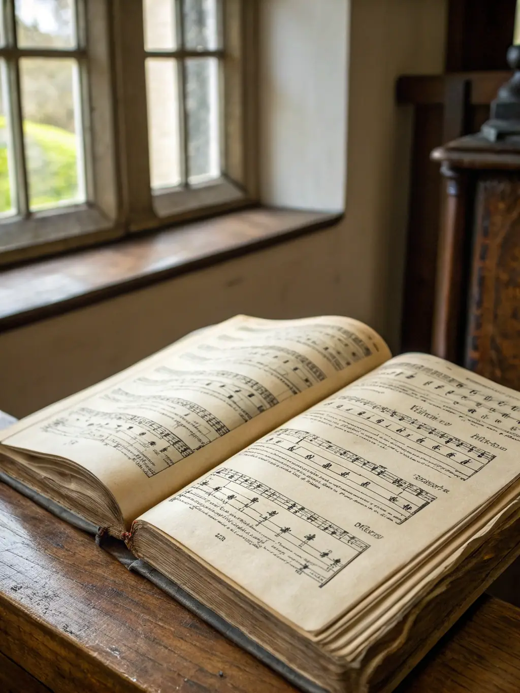 A detailed close-up shot of an antique musical score on display at the AMO museum, highlighting the historical significance of Vichy's musical archives.
