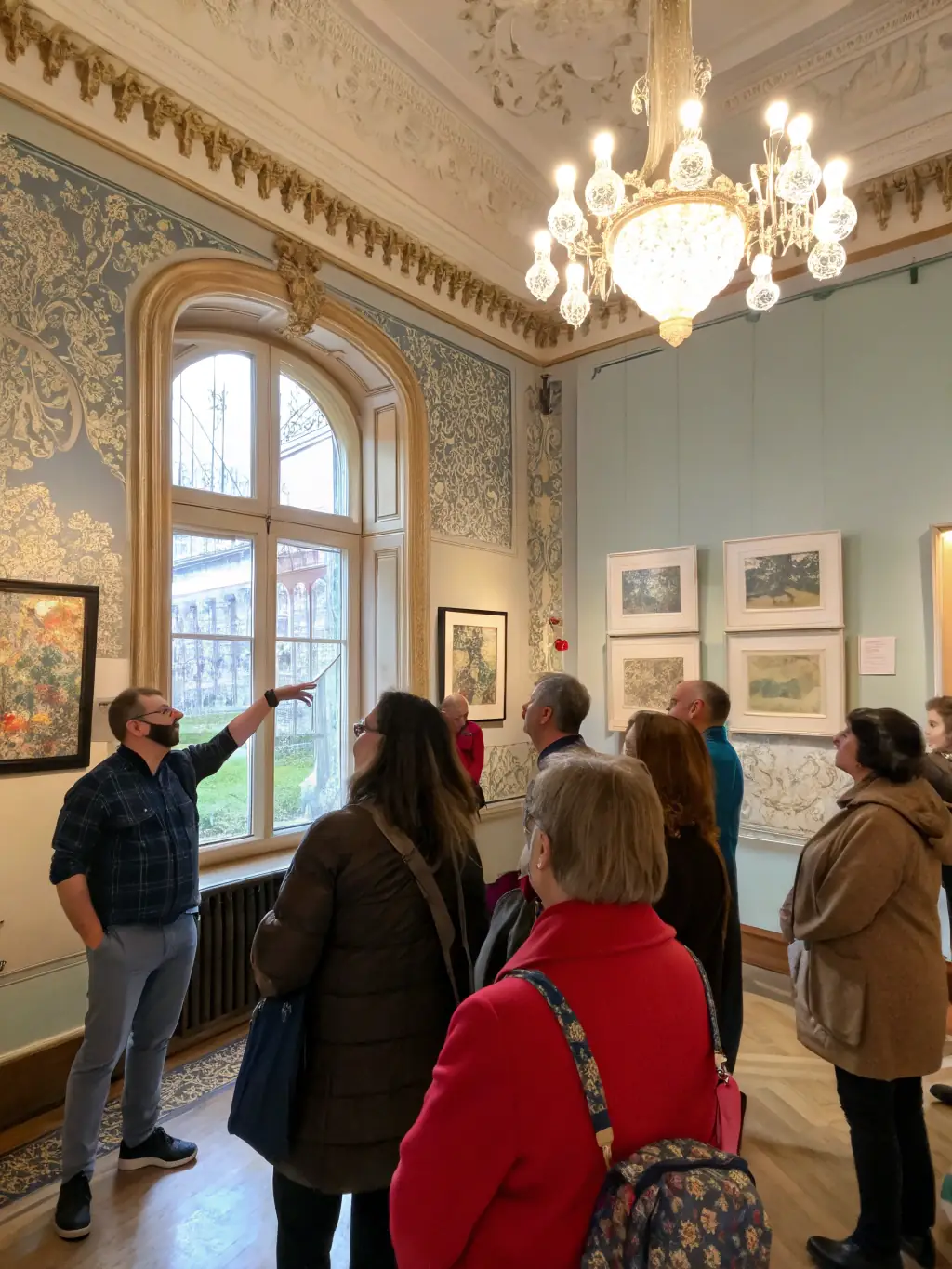 A photograph of a guided tour group at the AMO museum, listening attentively to a museum guide explaining the history of a musical artifact.