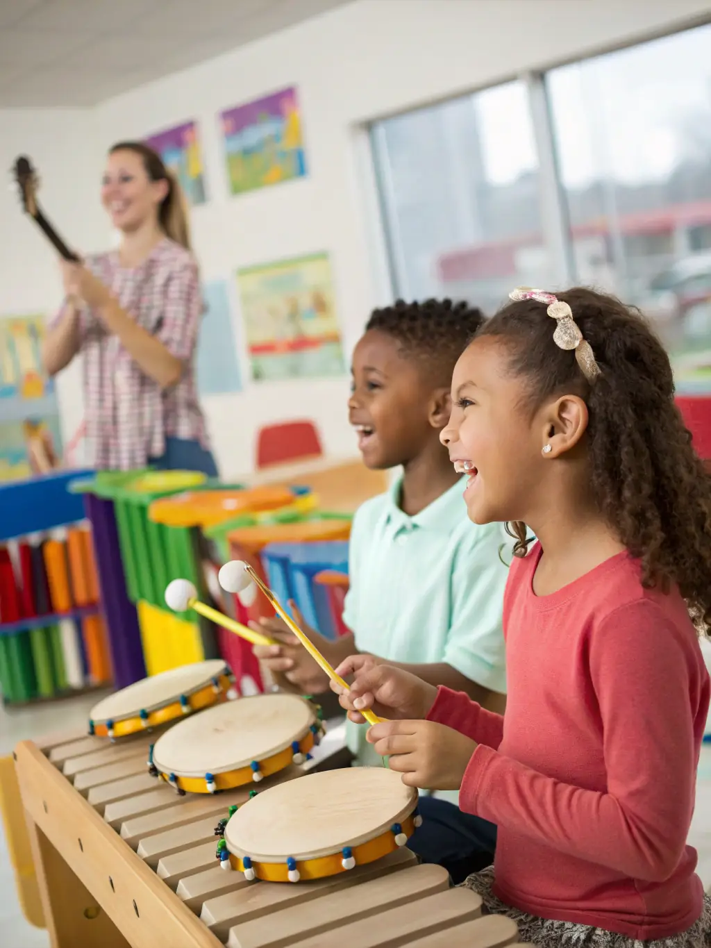 A vibrant image capturing a children's music workshop at the museum, where kids are enthusiastically playing percussion instruments under the guidance of a museum educator, fostering a love for music.