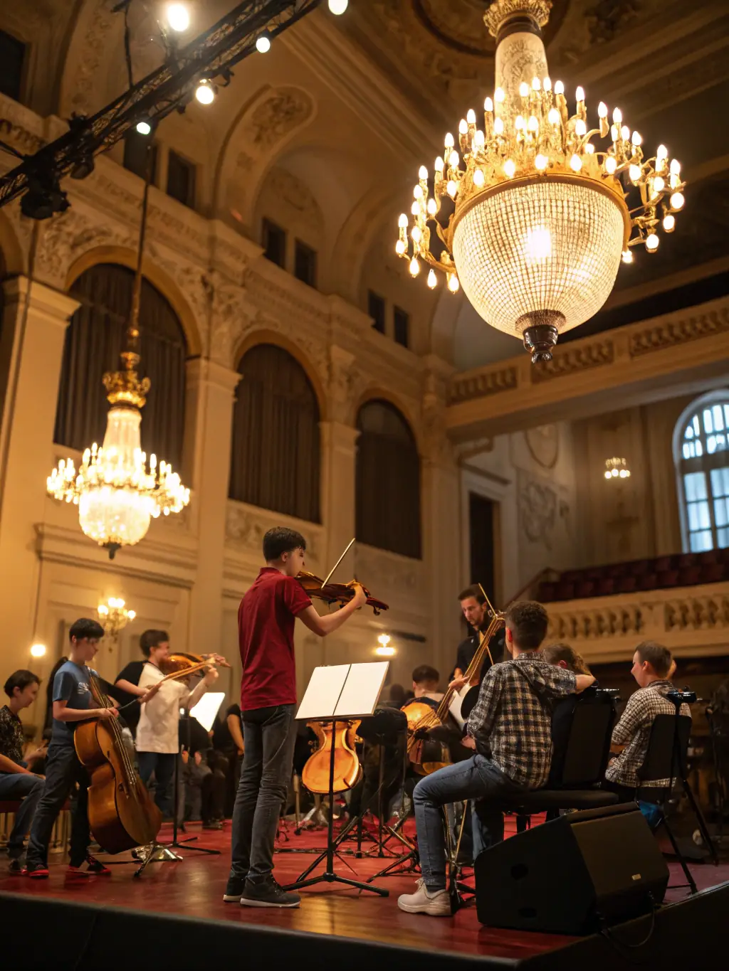 A vibrant image of a string quartet performing live at the AMO museum, capturing the energy and artistry of a cultural event.